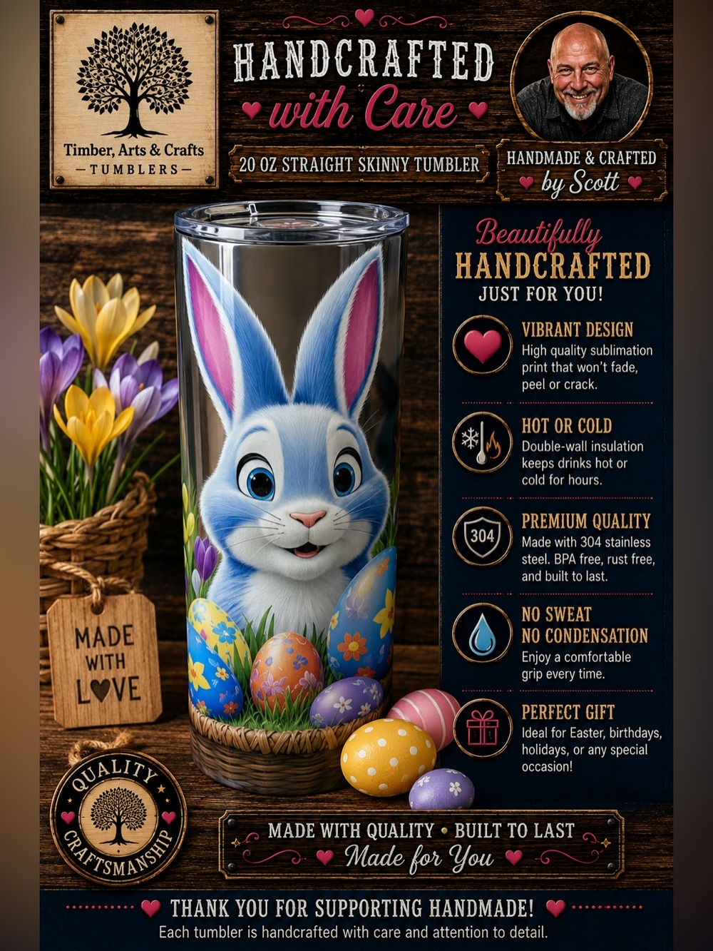 Blue Bunny With Easter Eggs 20 oz Straight Skinny Tumbler with Plastic Lid/Straw